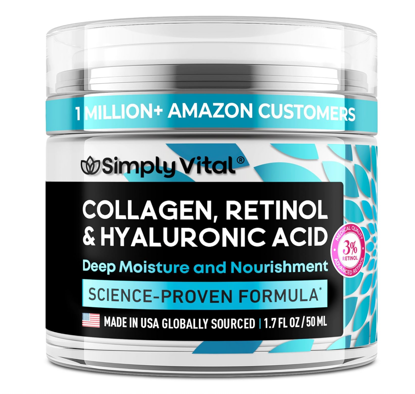 SimplyVital Collagen, Retinol & Hyaluronic Acid Cream - Anti-Aging Formula - Made in USA, Daily Moisturizer Face Cream