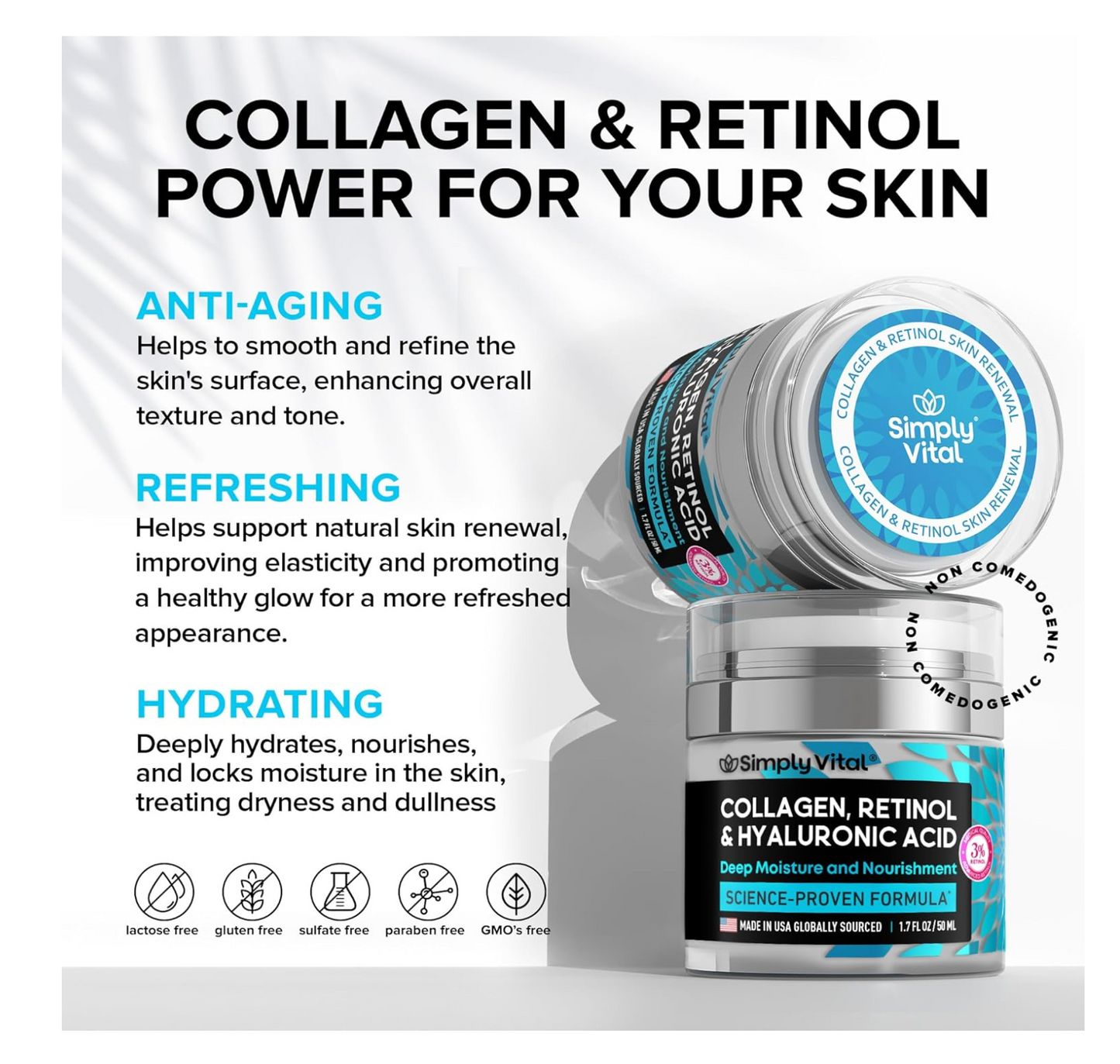 SimplyVital Collagen, Retinol & Hyaluronic Acid Cream - Anti-Aging Formula - Made in USA, Daily Moisturizer Face Cream